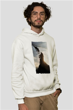 Unisex World War Z Baskılı Beyaz Kapüşonlu Sweatshirt