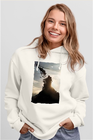 Unisex World War Z Baskılı Beyaz Kapüşonlu Sweatshirt