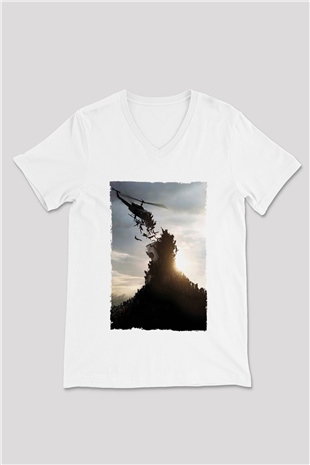 Unisex World War Z Baskılı Beyaz V Yaka Tişört