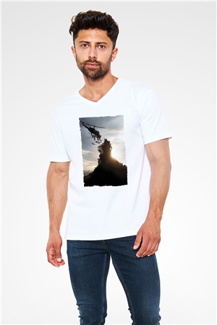 Unisex World War Z Baskılı Beyaz V Yaka Tişört