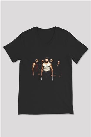 Unisex X-Men Başlangıç Wolverine (X-Men Origins Wolverine) Baskılı Siyah V Yaka Tişört