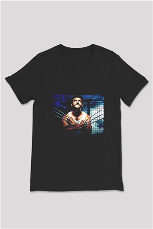 Unisex X-Men Başlangıç Wolverine (X-Men Origins Wolverine) Baskılı Siyah V Yaka T-shirt