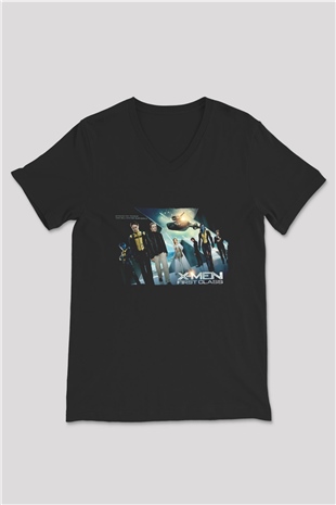 Unisex X-Men Birinci Sınıf Baskılı Siyah V Yaka Tshirt