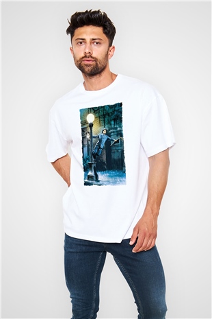 Unisex Yağmur Altında (Singin in the Rain) Baskılı Beyaz Oversize T-shirt