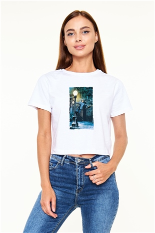Unisex Yağmur Altında (Singin in the Rain) Baskılı Beyaz Crop Top T-shirt