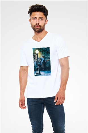 Unisex Yağmur Altında (Singin in the Rain) Baskılı Beyaz V Yaka T-shirt