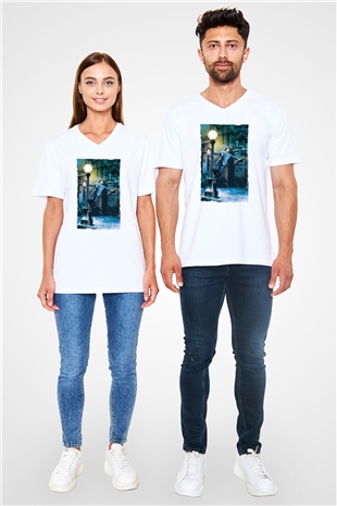Unisex Yağmur Altında (Singin in the Rain) Baskılı Beyaz V Yaka T-shirt