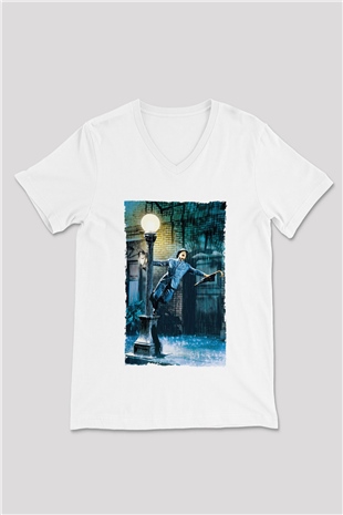Unisex Yağmur Altında (Singin in the Rain) Baskılı Beyaz V Yaka T-shirt