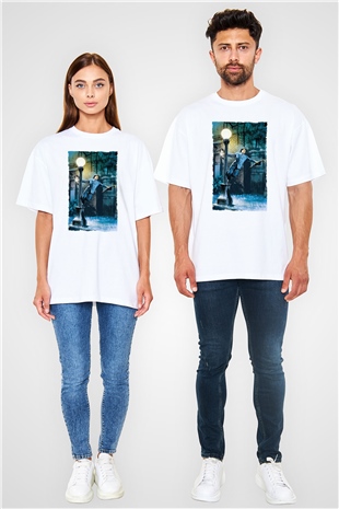 Unisex Yağmur Altında (Singin in the Rain) Baskılı Beyaz Oversize T-shirt