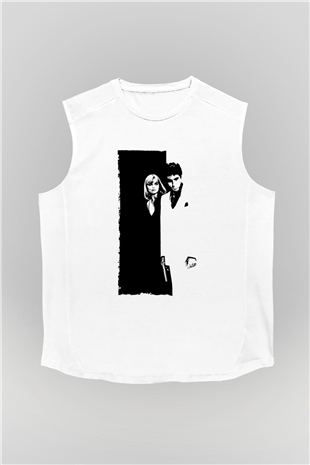 Unisex Yaralı Yüz (Scarface) Baskılı Beyaz Kolsuz Tshirt