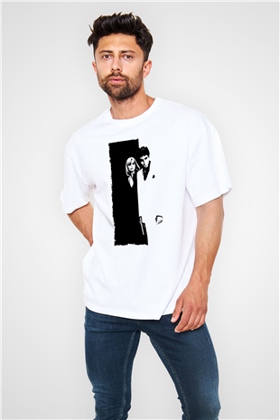 Unisex Yaralı Yüz (Scarface) Baskılı Beyaz Oversize Oversize T-shirt