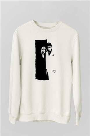 Unisex Yaralı Yüz (Scarface) Baskılı Beyaz Sweatshirt