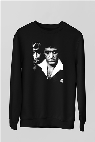 Unisex Yaralı Yüz (Scarface) Baskılı Siyah Sweatshirt