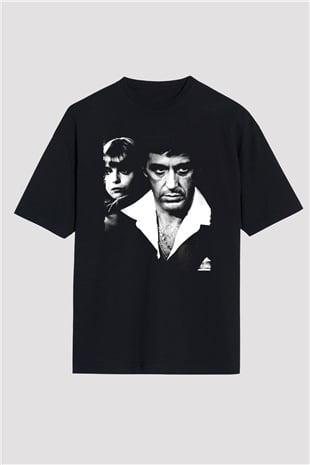 Unisex Yaralı Yüz (Scarface) Baskılı Siyah Oversize Tişört