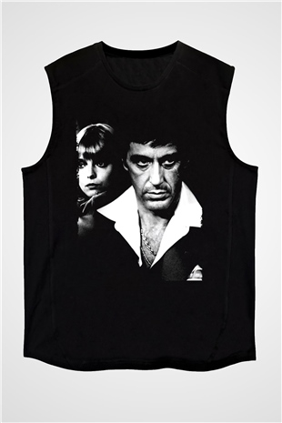 Unisex Yaralı Yüz (Scarface) Baskılı Siyah Kolsuz Tişört