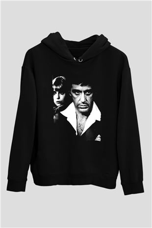 Unisex Yaralı Yüz (Scarface) Baskılı Siyah Kapüşonlu Sweatshirt