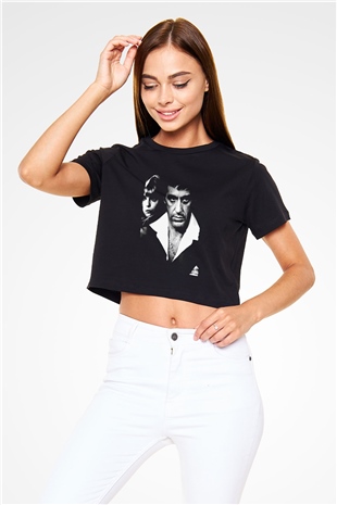 Unisex Yaralı Yüz (Scarface) Baskılı Siyah Crop Top Tişört