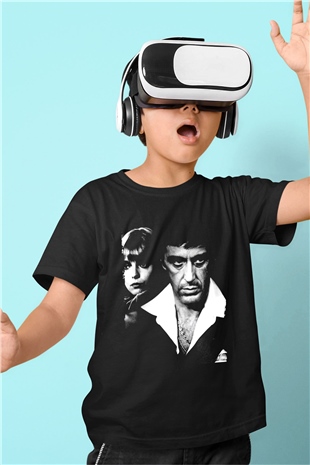 Unisex Yaralı Yüz (Scarface) Baskılı Siyah Çocuk Tişört
