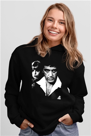 Unisex Yaralı Yüz (Scarface) Baskılı Siyah Kapüşonlu Sweatshirt