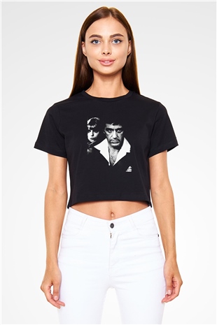Unisex Yaralı Yüz (Scarface) Baskılı Siyah Crop Top Tişört