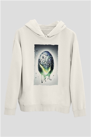 Unisex Yaratık - Alien Baskılı Beyaz Kapüşonlu Sweatshirt