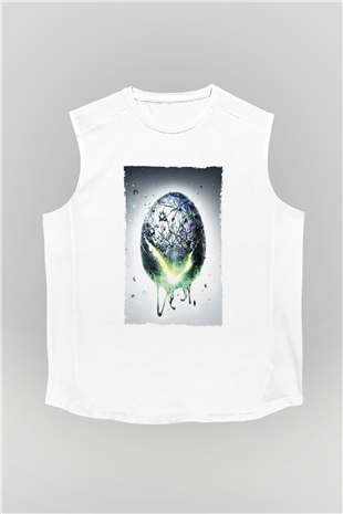 Unisex Yaratık - Alien Baskılı Beyaz Kolsuz Tshirt