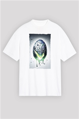Unisex Yaratık - Alien Baskılı Beyaz Oversize Oversize T-shirt