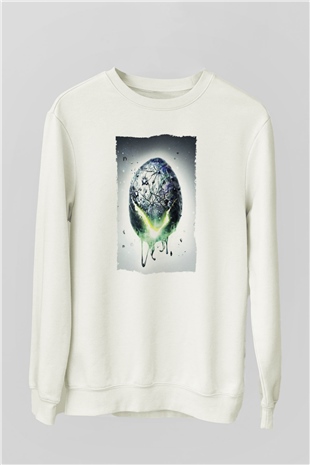 Unisex Yaratık - Alien Baskılı Beyaz Sweatshirt
