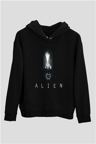 Unisex Yaratık (Alien) Baskılı Siyah Kapüşonlu Sweatshirt