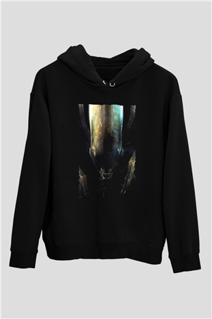 Unisex Yaratık (Alien) Baskılı Siyah Kapüşonlu Sweatshirt