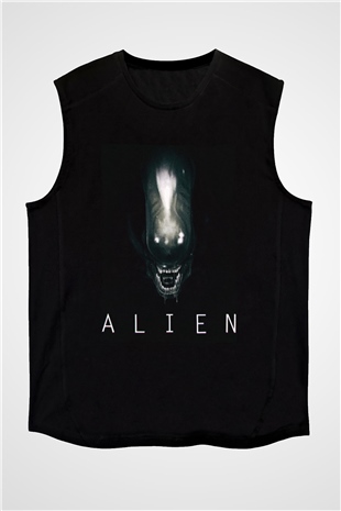 Unisex Yaratık (Alien) Baskılı Siyah Kolsuz T-shirt