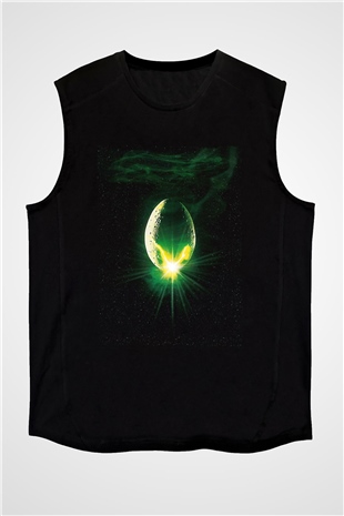 Unisex Yaratık (Alien) Baskılı Siyah Kolsuz Tişört