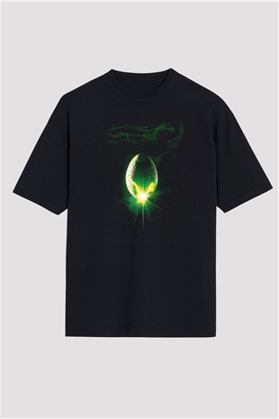 Unisex Yaratık (Alien) Baskılı Siyah Oversize Tişört