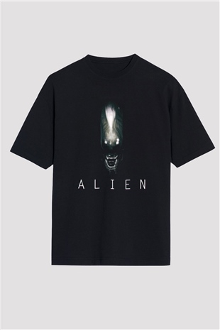 Unisex Yaratık (Alien) Baskılı Siyah Oversize T-shirt