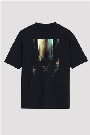 Unisex Yaratık (Alien) Baskılı Siyah Oversize Tshirt