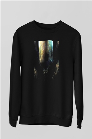 Unisex Yaratık (Alien) Baskılı Siyah Sweatshirt