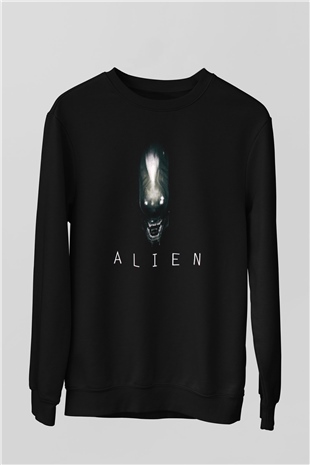 Unisex Yaratık (Alien) Baskılı Siyah Sweatshirt