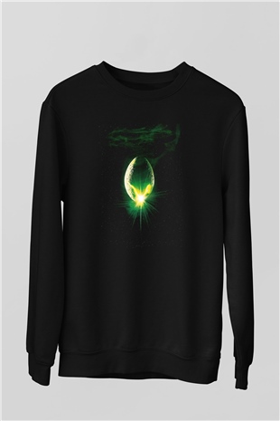 Unisex Yaratık (Alien) Baskılı Siyah Sweatshirt