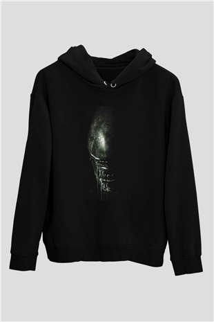 Unisex Yaratık (Alien) Baskılı Siyah Unisex Kapüşonlu Sweatshirt