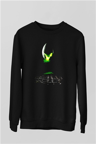 Unisex Yaratık (Alien) Baskılı Siyah Unisex Sweatshirt