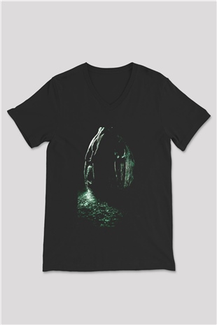 Unisex Yaratık (Alien) Baskılı Siyah Unisex V Yaka Tshirt