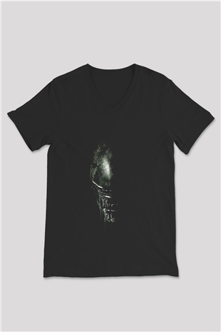 Unisex Yaratık (Alien) Baskılı Siyah Unisex V Yaka Tişört