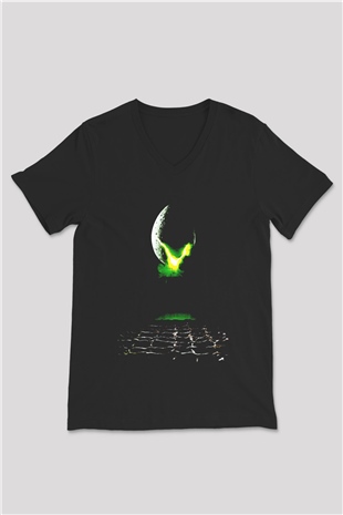 Unisex Yaratık (Alien) Baskılı Siyah Unisex V Yaka T-shirt