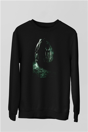 Unisex Yaratık (Alien) Baskılı Siyah Unisex Sweatshirt