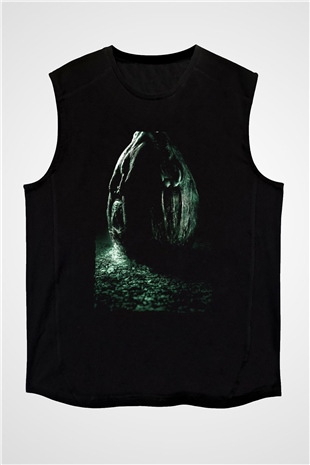 Unisex Yaratık (Alien) Baskılı Siyah Unisex Kolsuz Tshirt