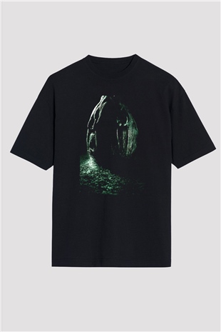 Unisex Yaratık (Alien) Baskılı Siyah Unisex Oversize Tshirt