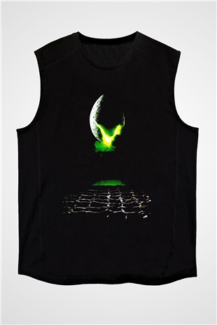 Unisex Yaratık (Alien) Baskılı Siyah Unisex Kolsuz T-shirt