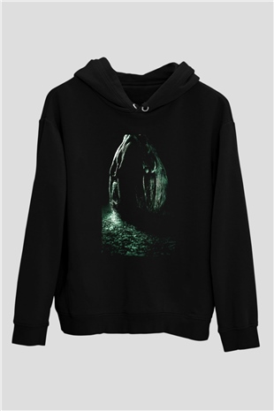 Unisex Yaratık (Alien) Baskılı Siyah Unisex Kapüşonlu Sweatshirt
