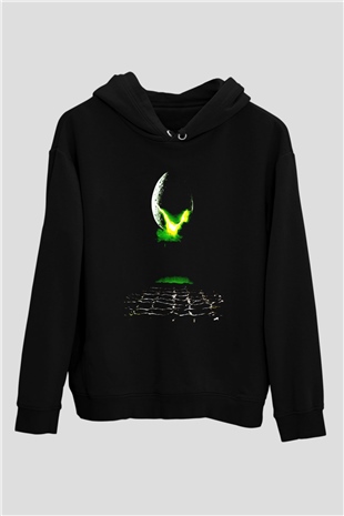 Unisex Yaratık (Alien) Baskılı Siyah Unisex Kapüşonlu Sweatshirt