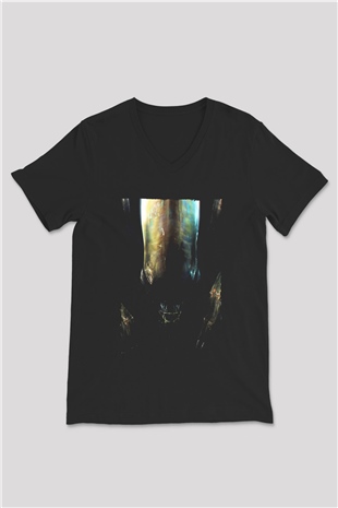 Unisex Yaratık (Alien) Baskılı Siyah V Yaka Tshirt